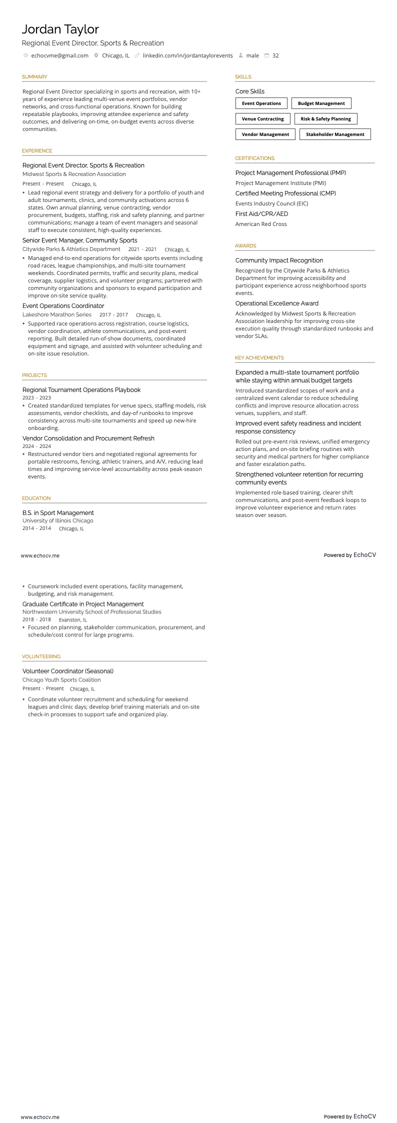 Diretor de eventos resume example