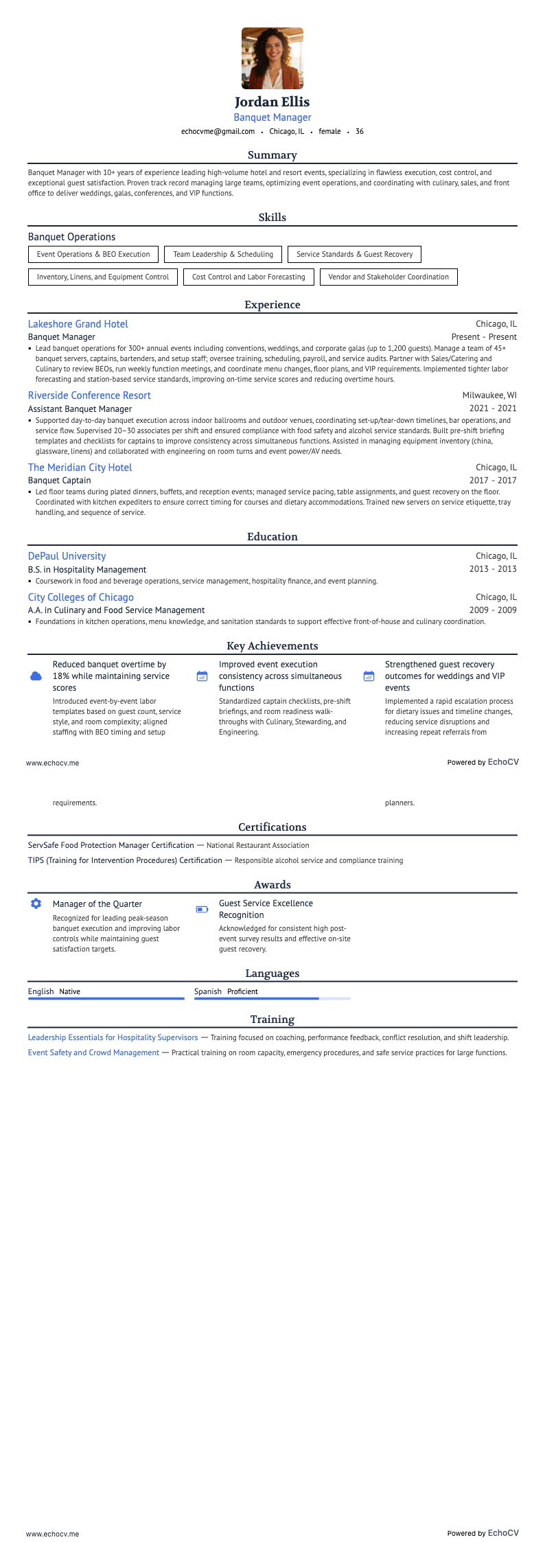 Banketmanager resume example