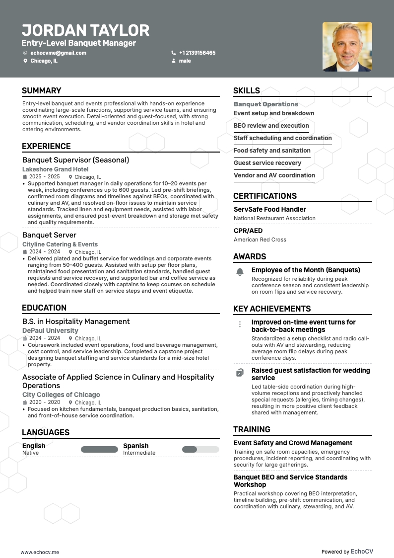 Banquet Manager resume example