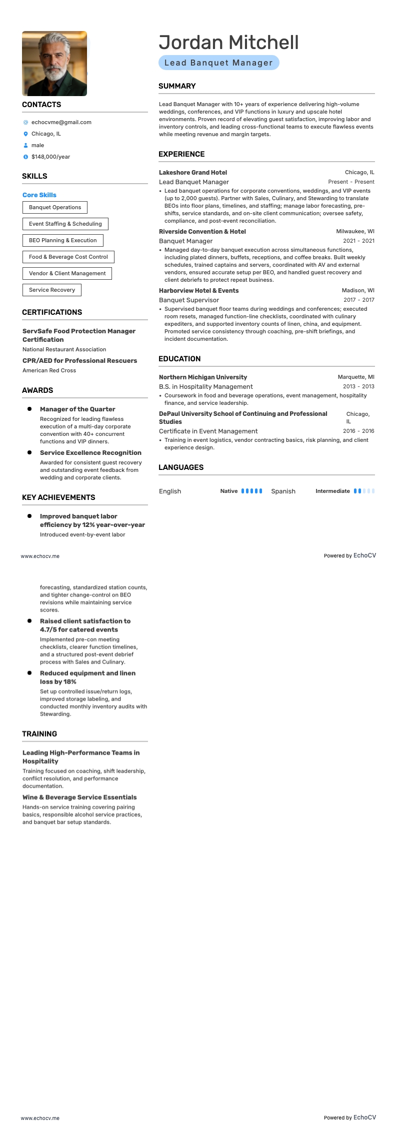 Quản lý tiệc resume example