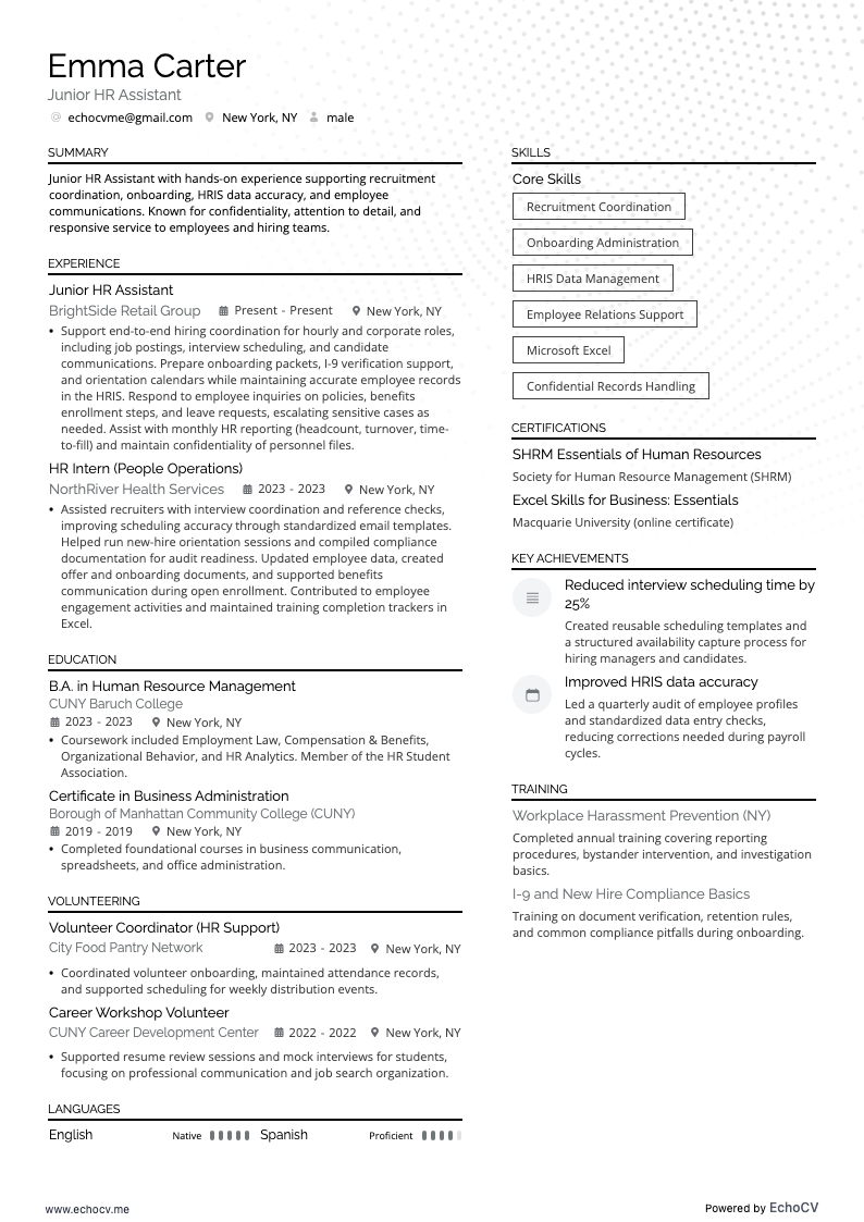 Junior HR-assistent example resume