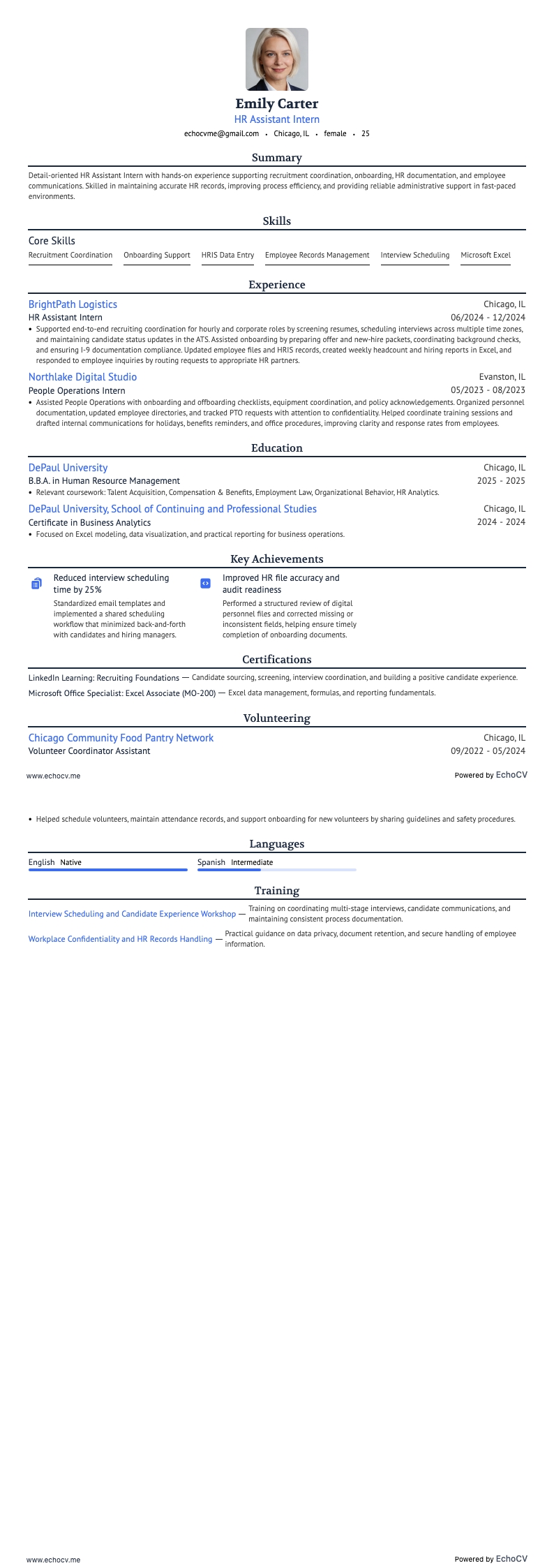 HR-assistent stagiair example resume