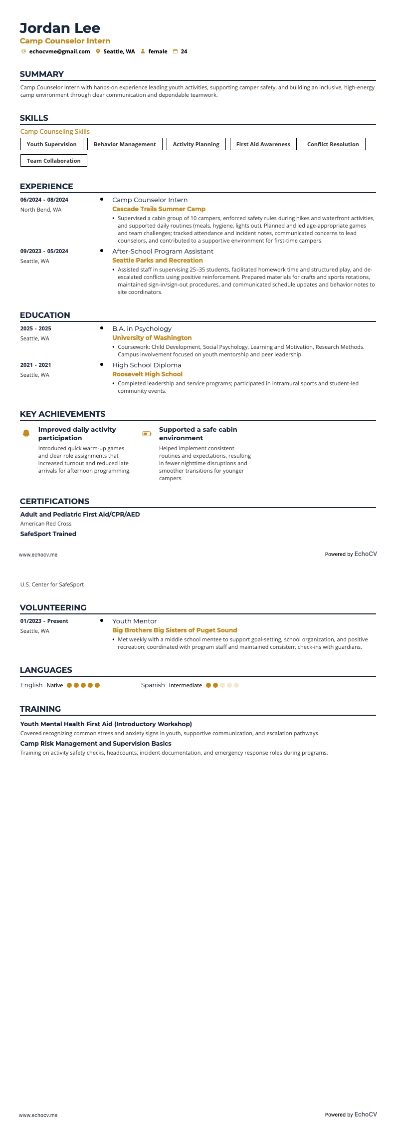 Stagiaire animateur de camp example resume