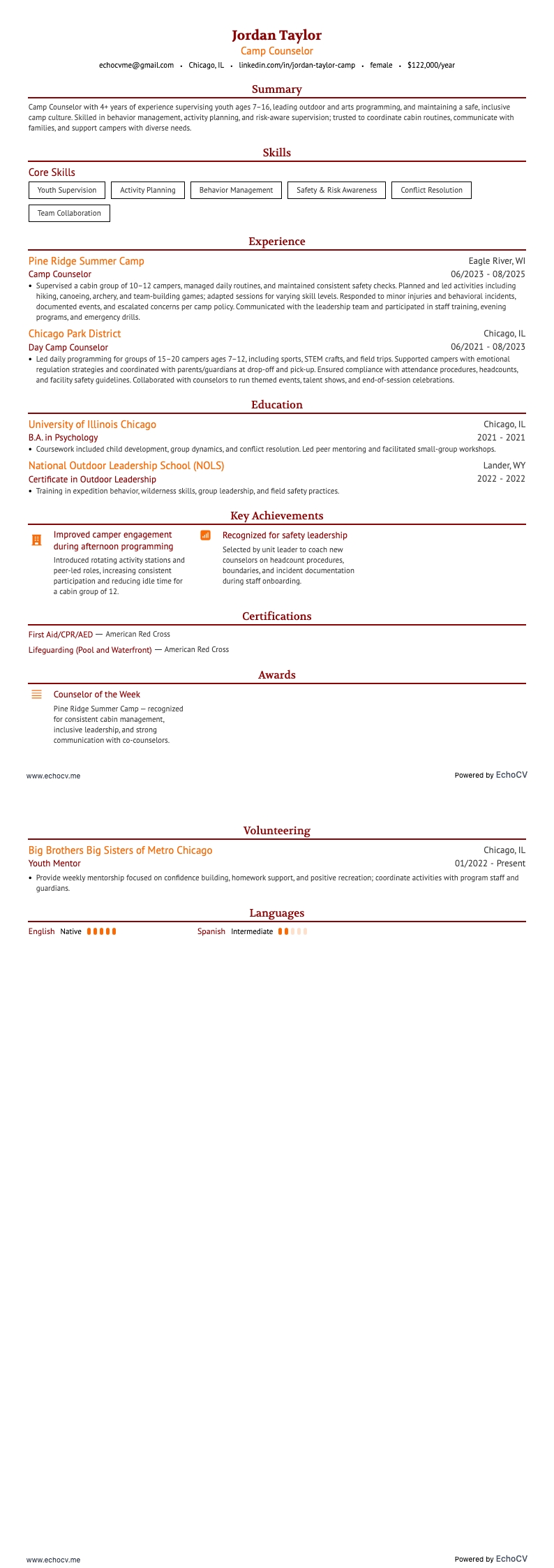 Moniteur de colonie de vacances resume example