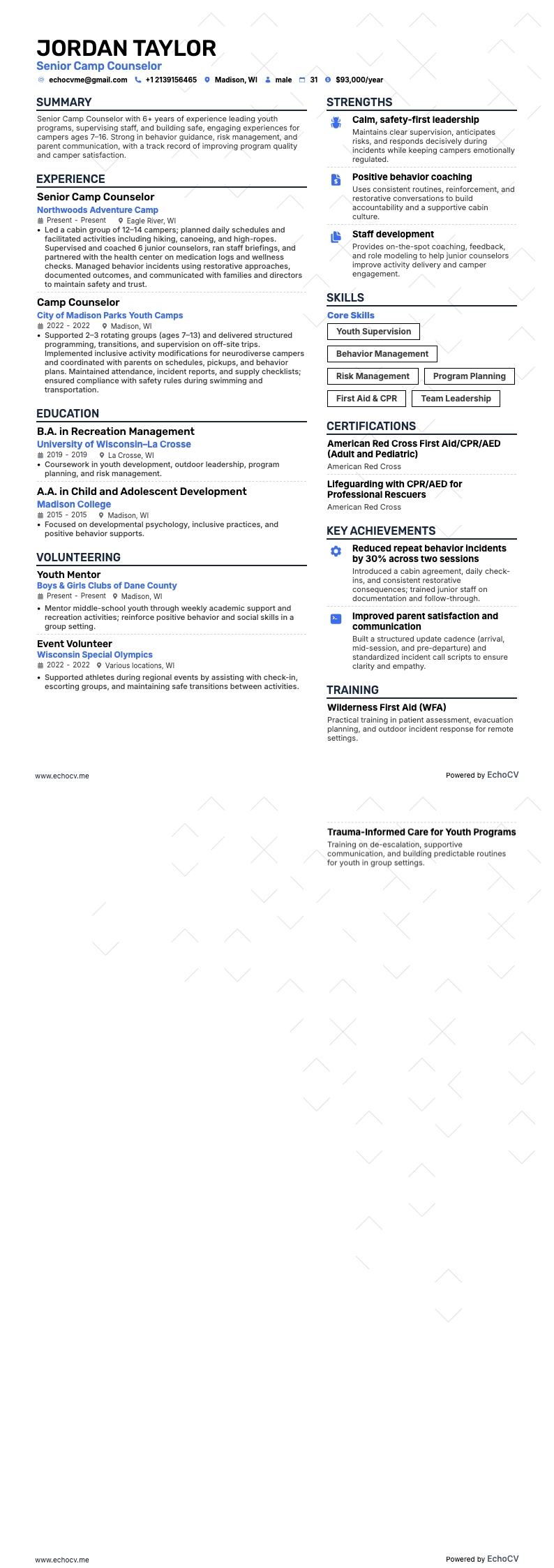 Animatore di campeggio resume example