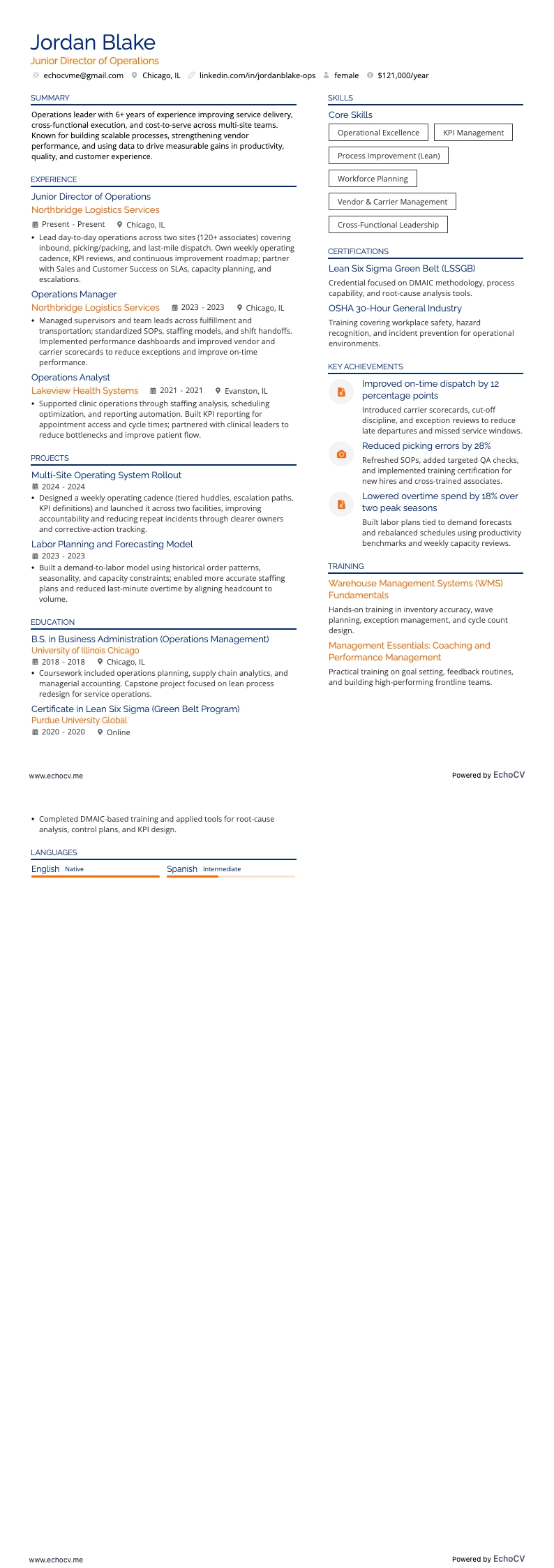 Giám đốc vận hành cấp junior example resume