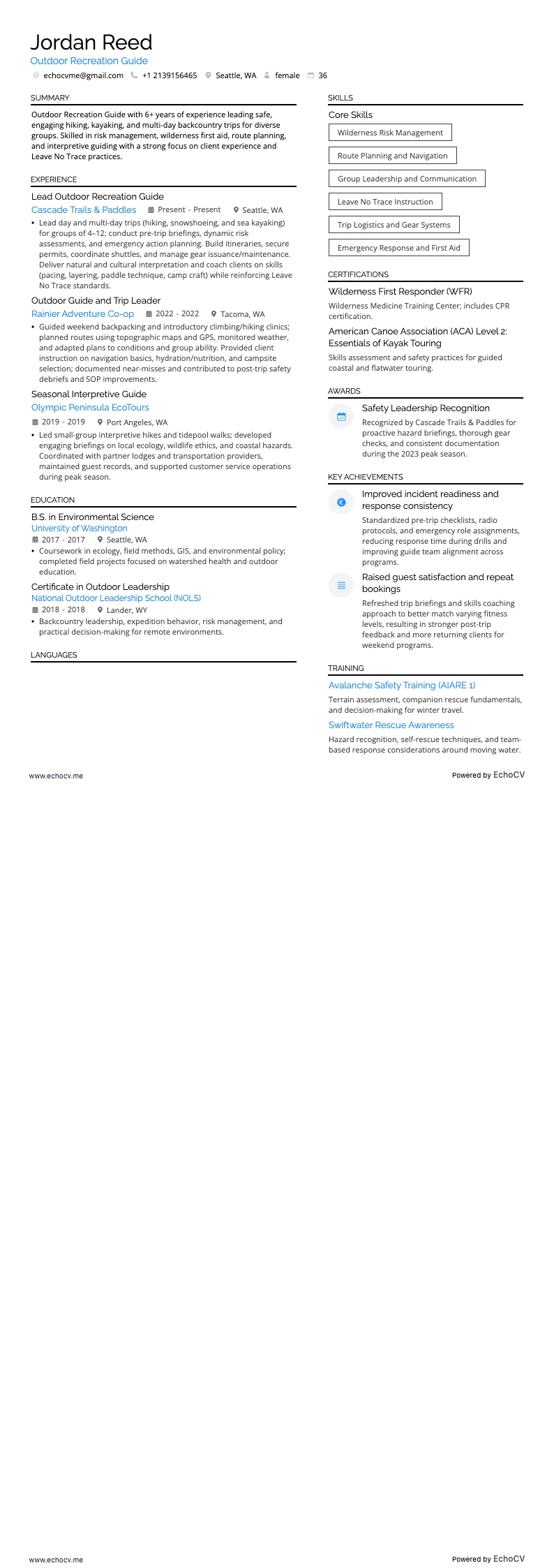 Outdoor Recreation Guide resume example