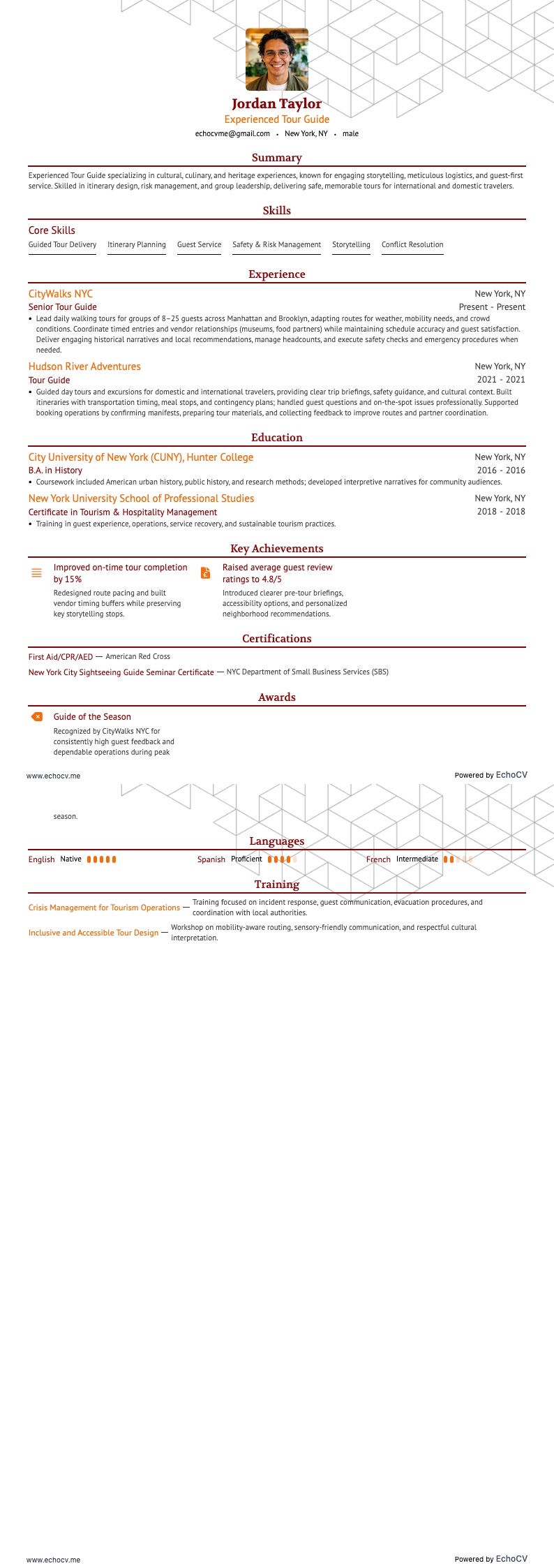 Experienced Tour Guide example resume