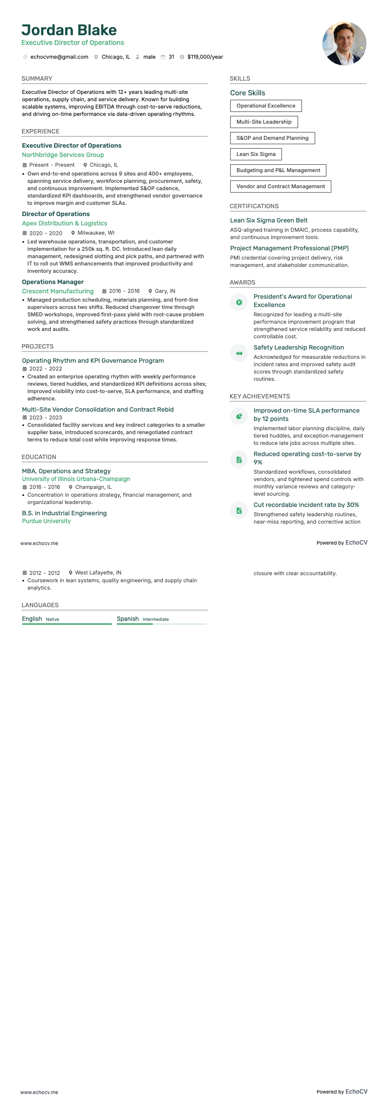 Giám đốc điều hành vận hành example resume