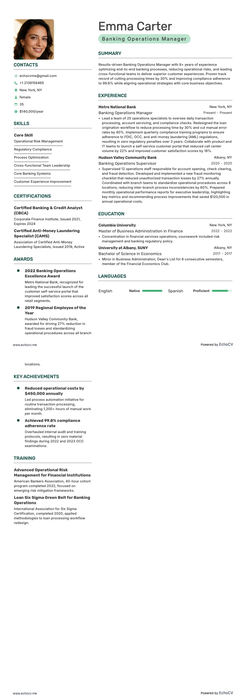 Banking Operations Manager example resume