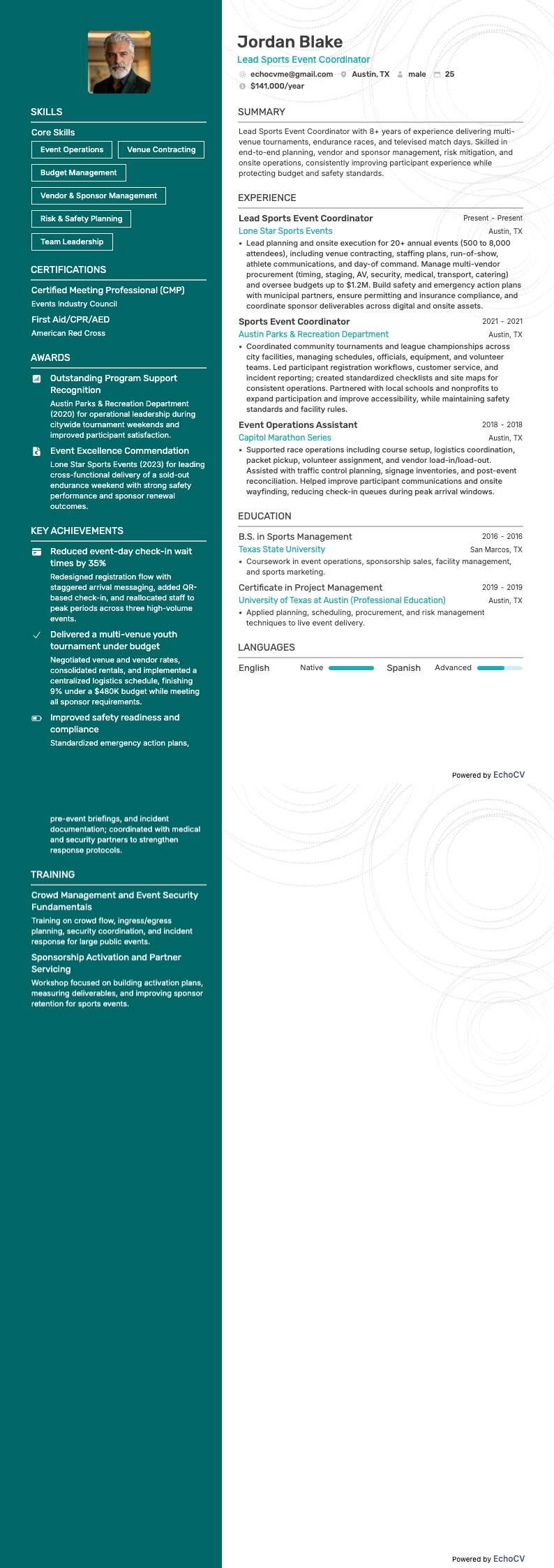 Coordenador de eventos resume example