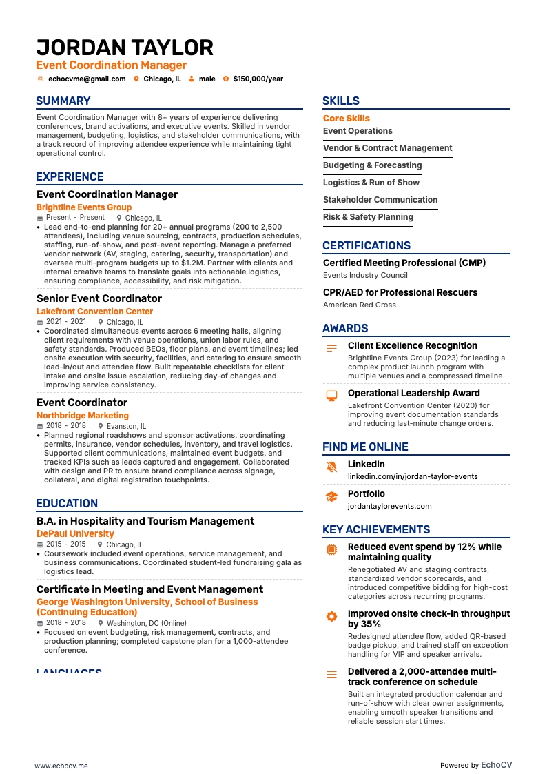 Eventkoordinator resume example