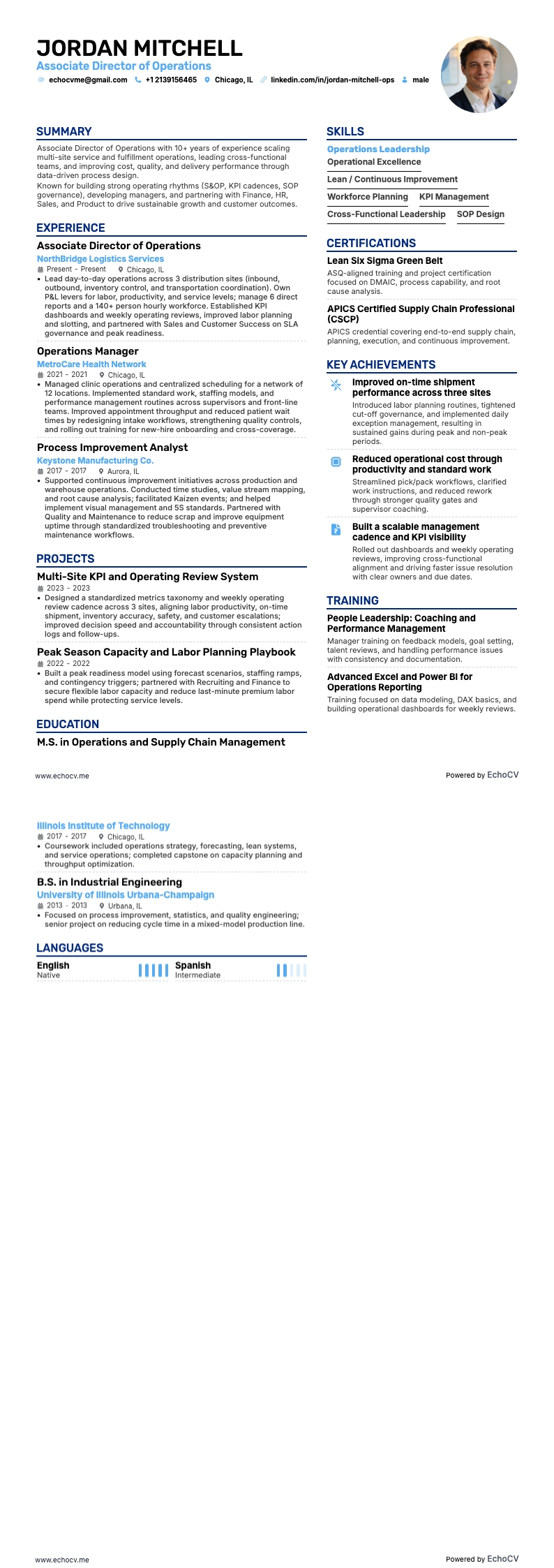 Phó giám đốc vận hành example resume