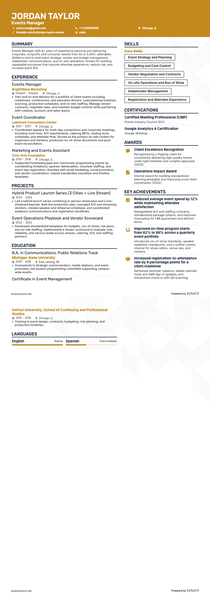 イベントマネージャー example resume