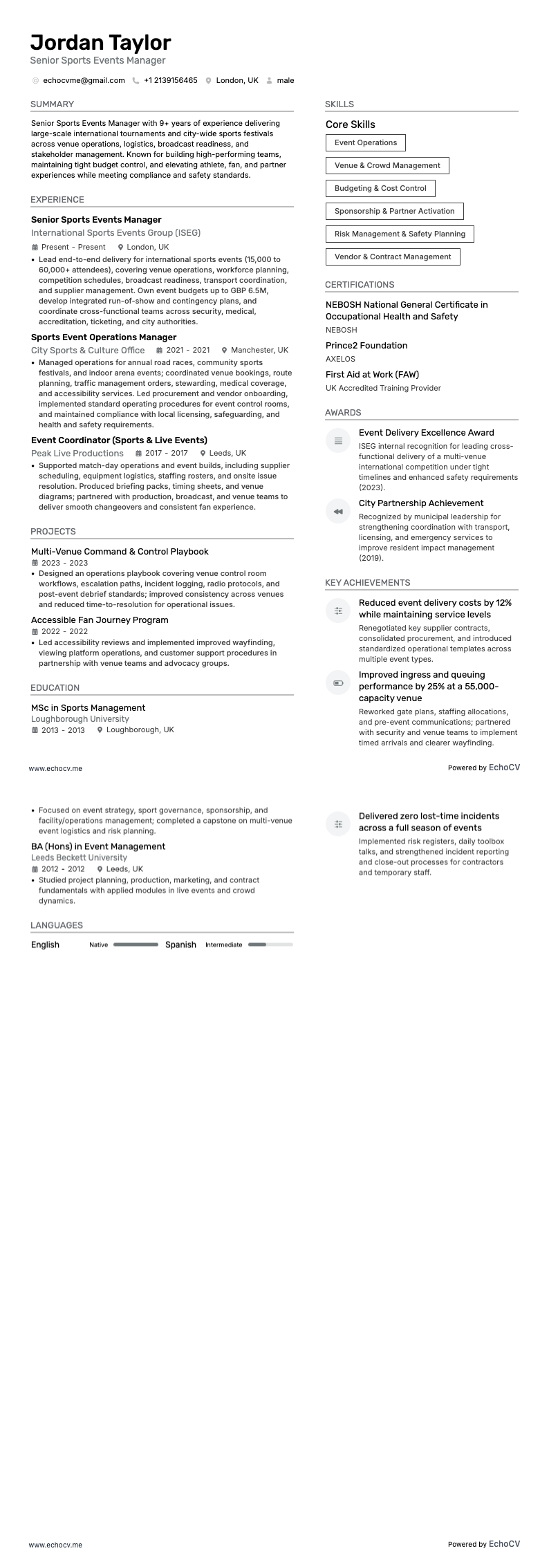 イベントマネージャー resume example