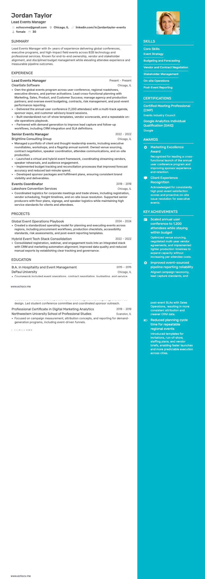 Gerente de eventos resume example