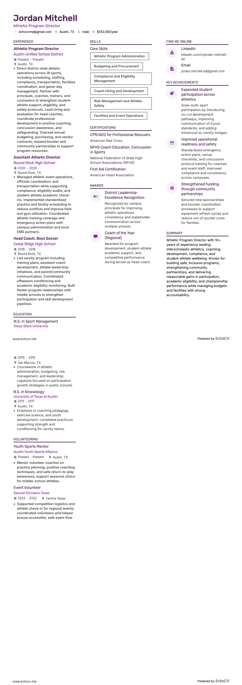 Directeur sportprogramma example resume