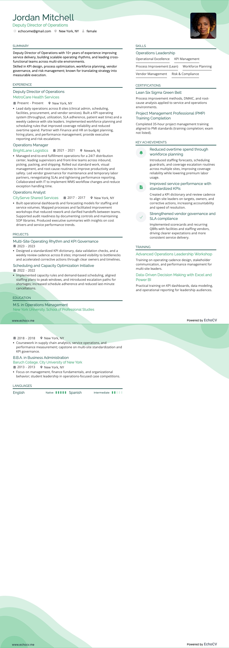 Phó Giám đốc Vận hành example resume