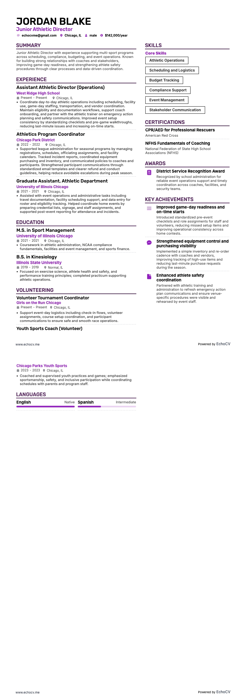 Junior atletiekdirecteur example resume