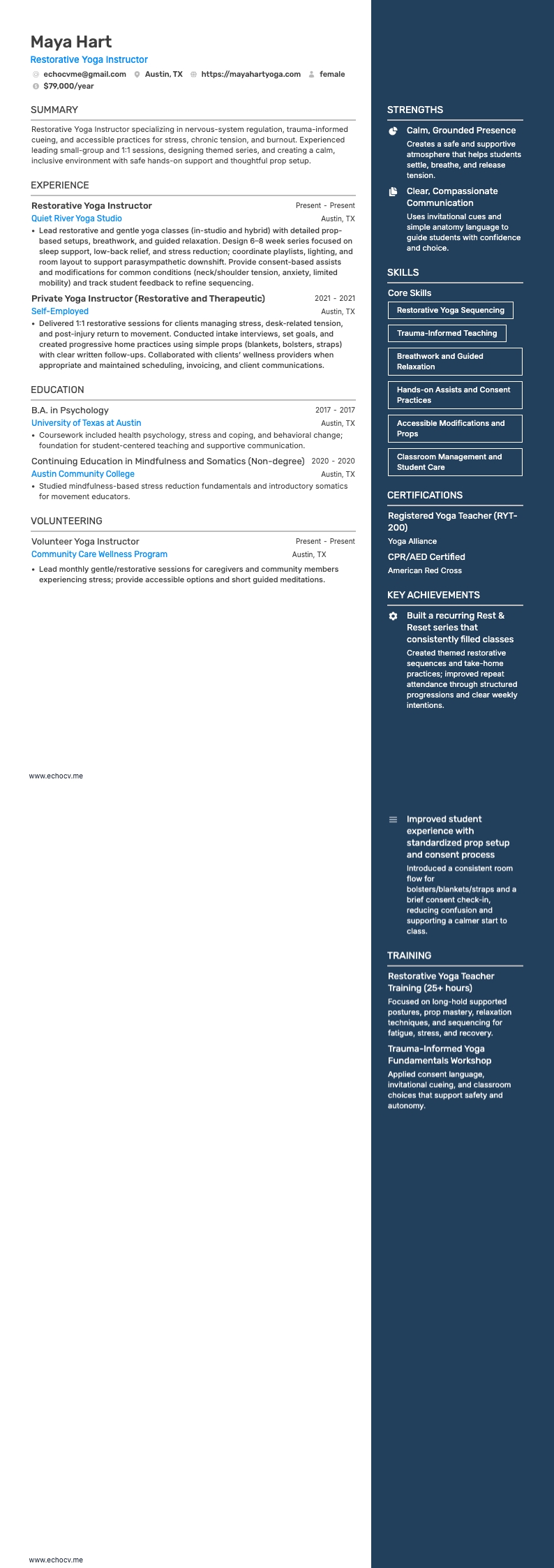 요가 강사 resume example