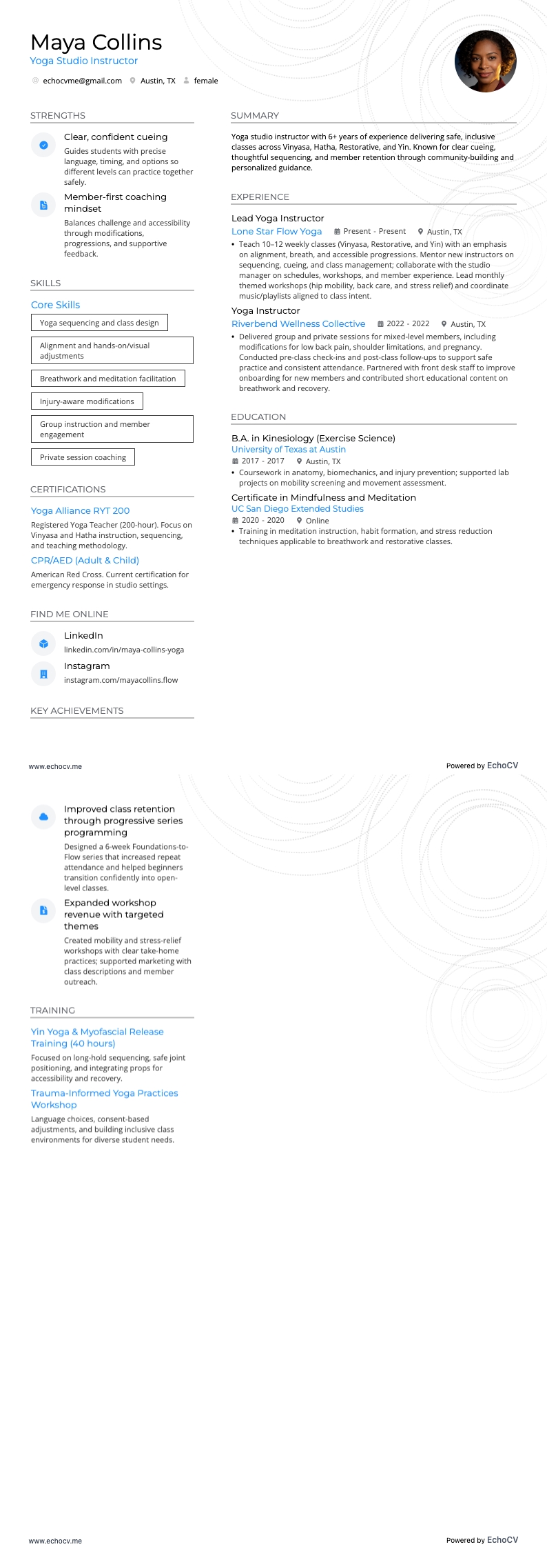 Instrutor de estúdio de ioga example resume