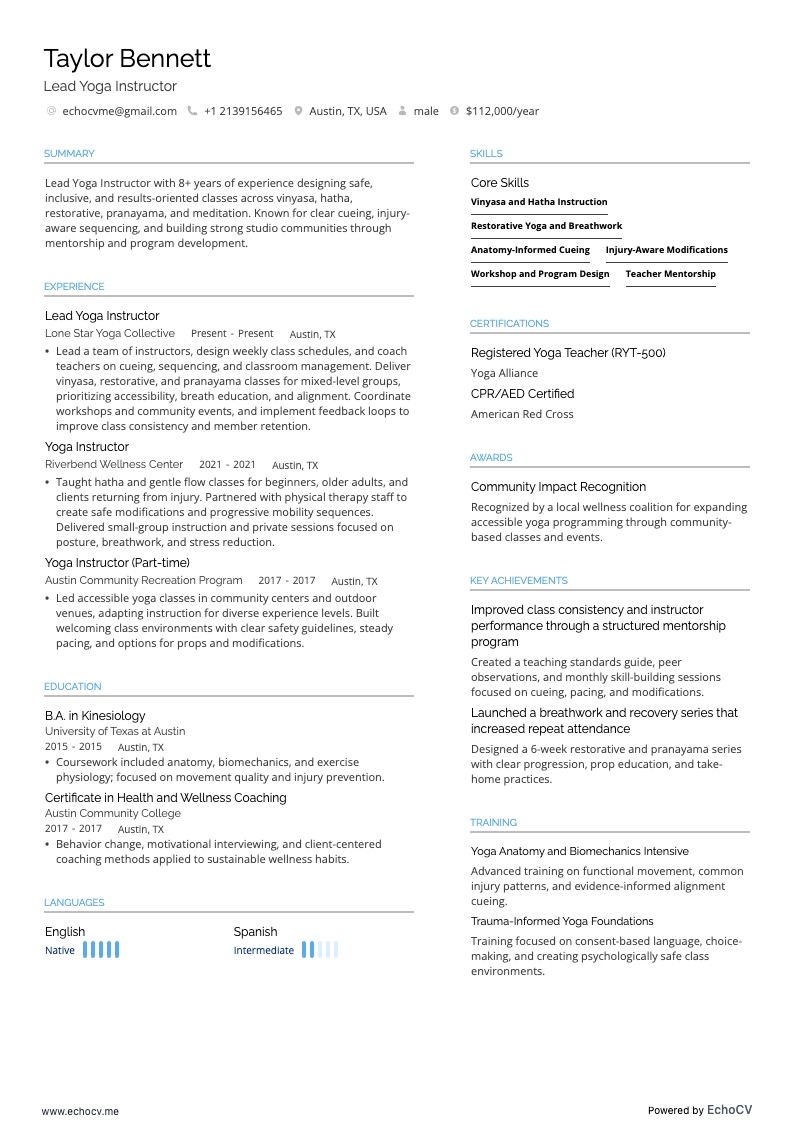 Professeur principal de yoga resume example