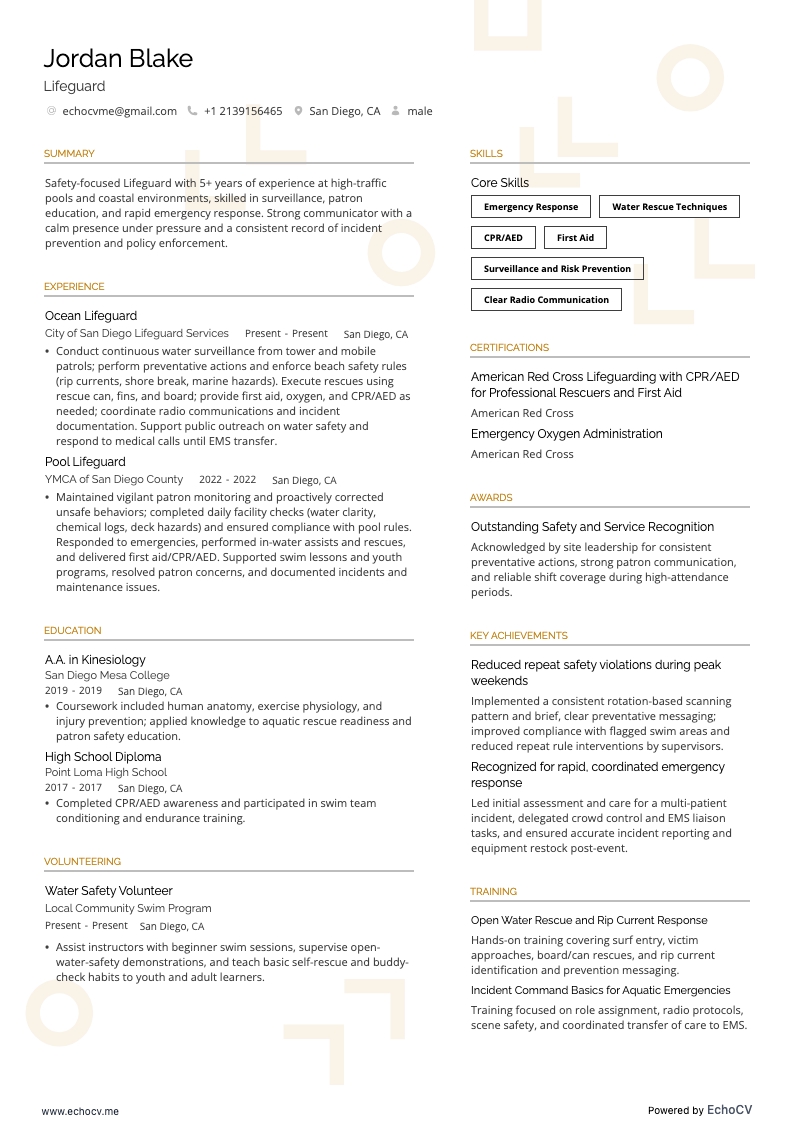 Lifeguard example resume