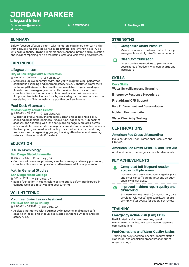 Lifeguard Intern example resume