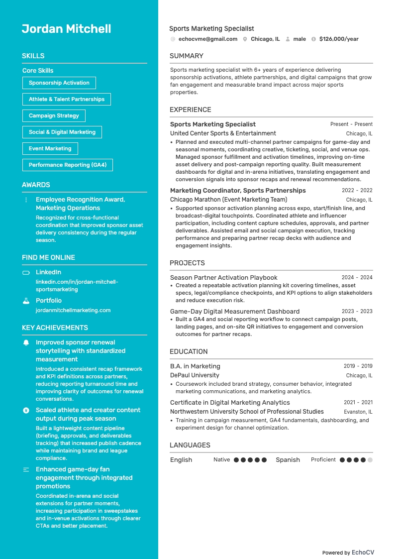 스포츠 마케팅 전문가 example resume