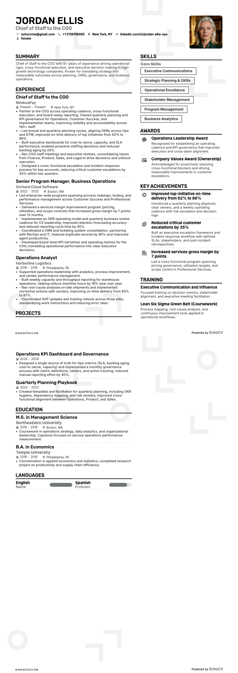 Capo di gabinetto del COO example resume