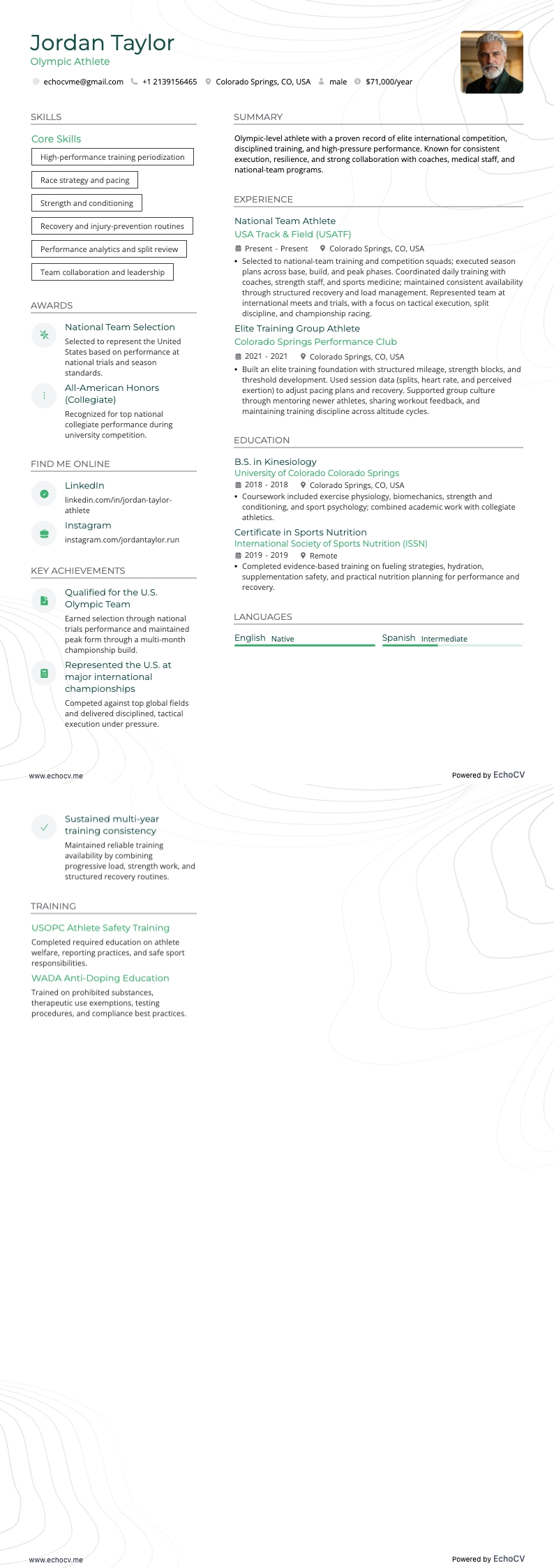 Olympic Athlete example resume