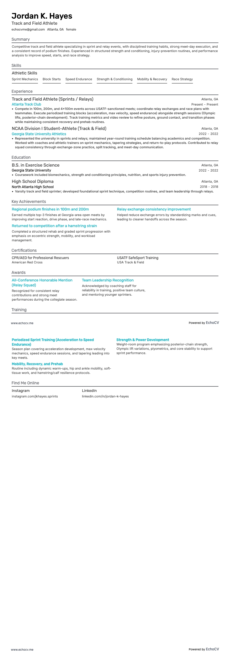 Track and Field Athlete example resume