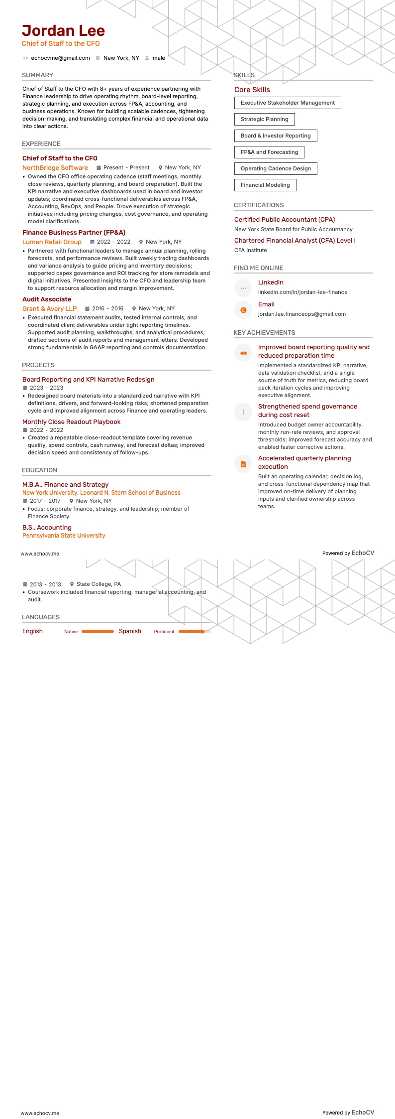 Capo di gabinetto del CFO example resume