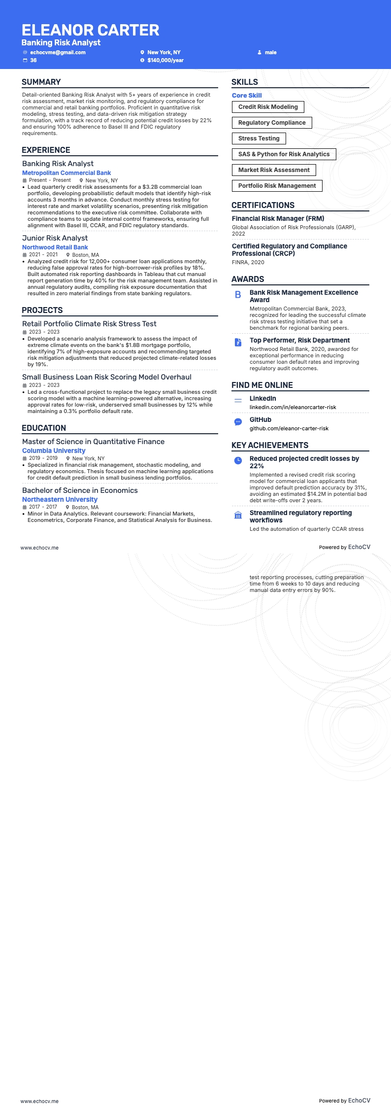 Banking Risk Analyst example resume