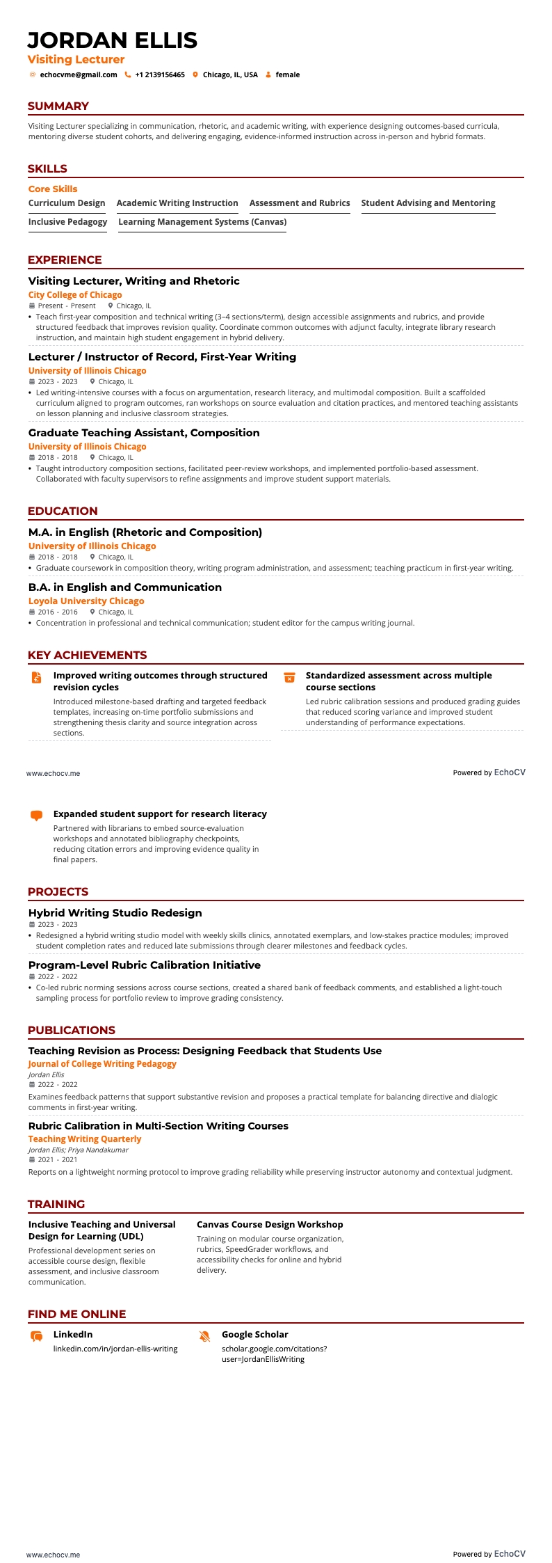 Professor visitante example resume