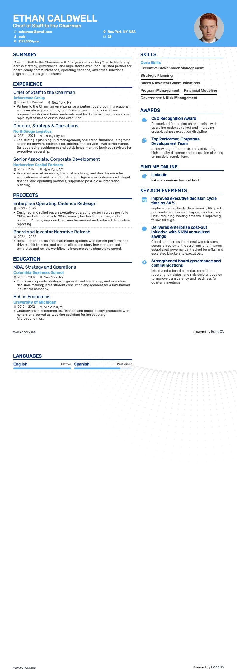 Capo di gabinetto del presidente example resume