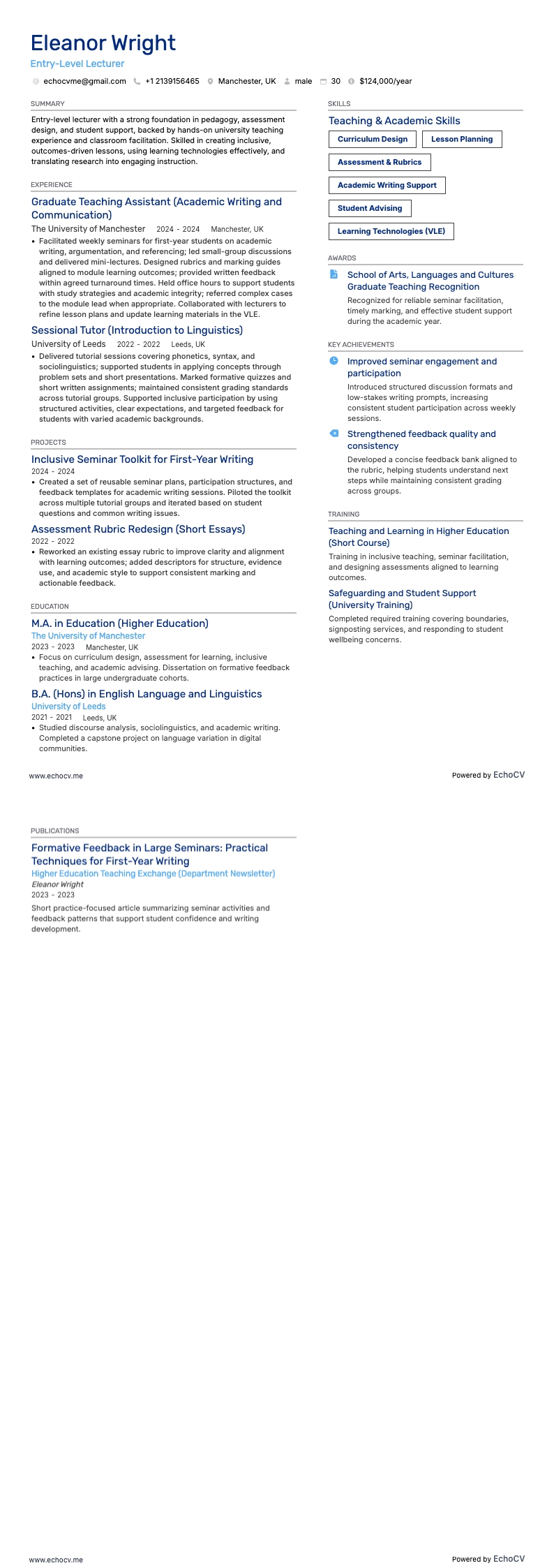 Professor em início de carreira example resume