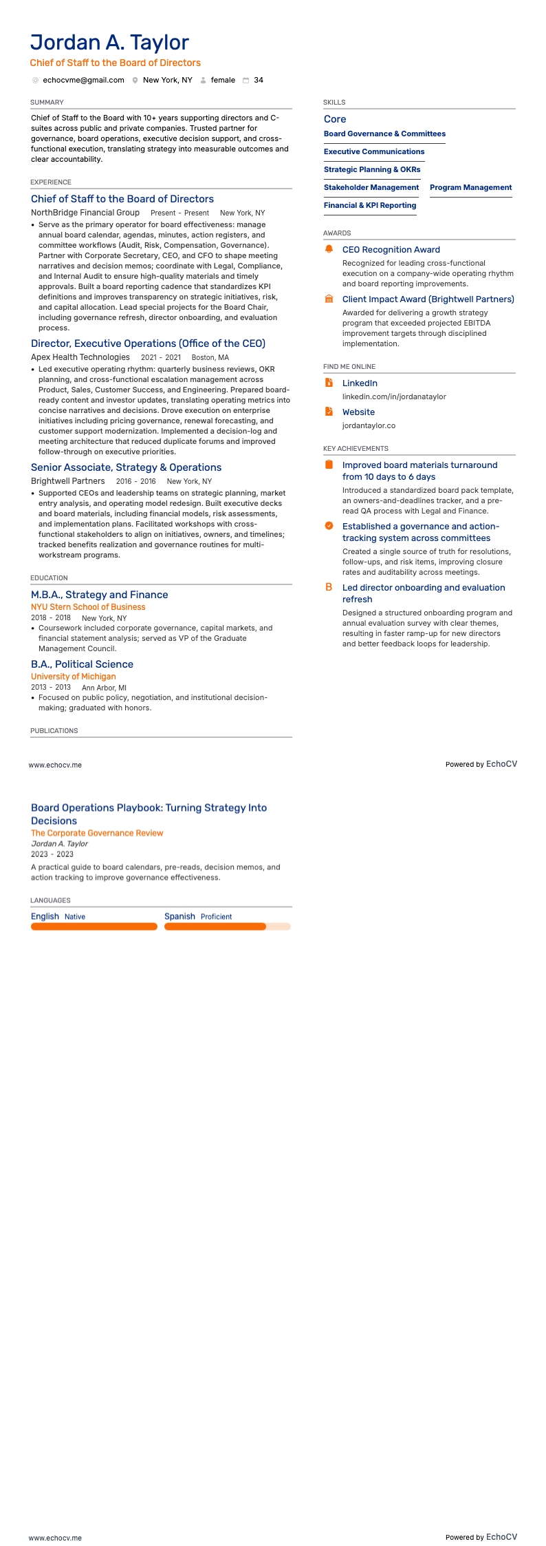 Capo di gabinetto del consiglio di amministrazione example resume