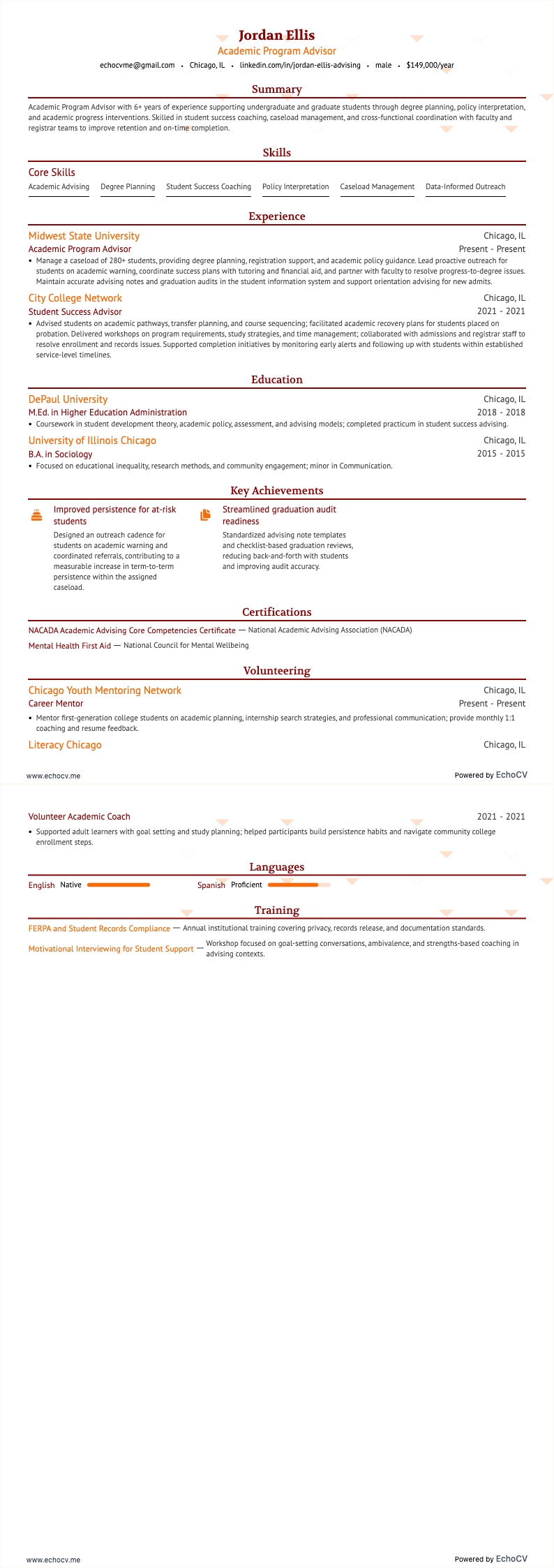 學業顧問 resume example