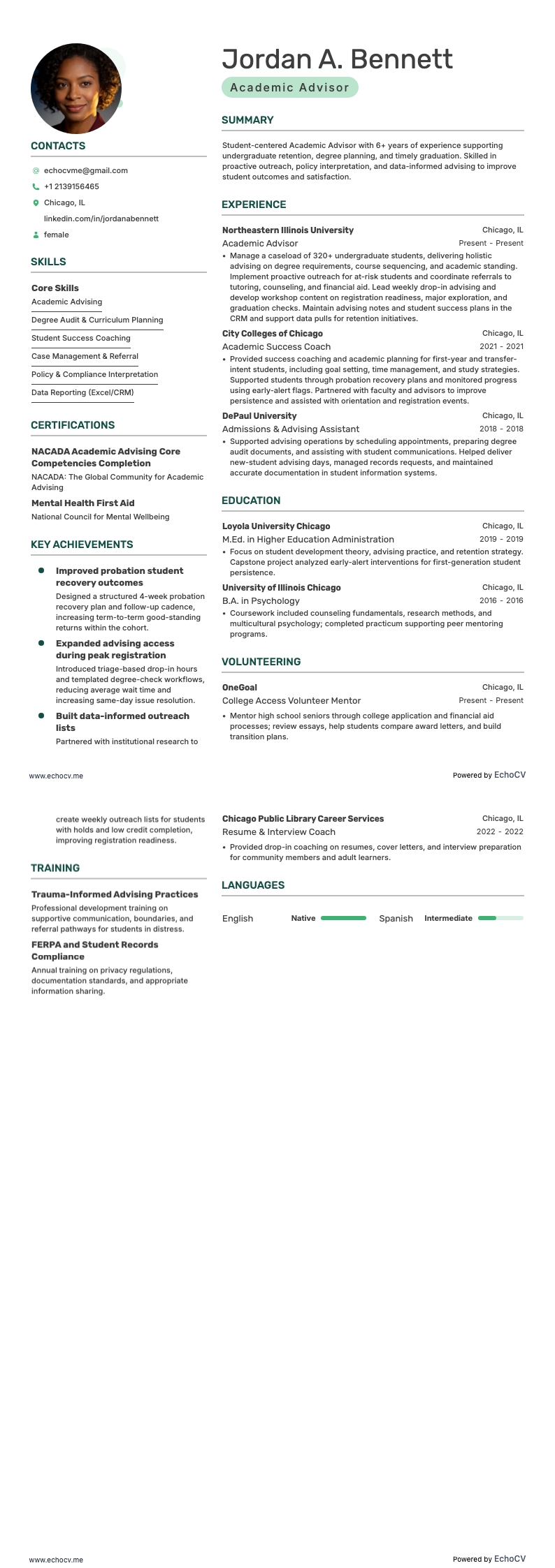 Academic Advisor example resume