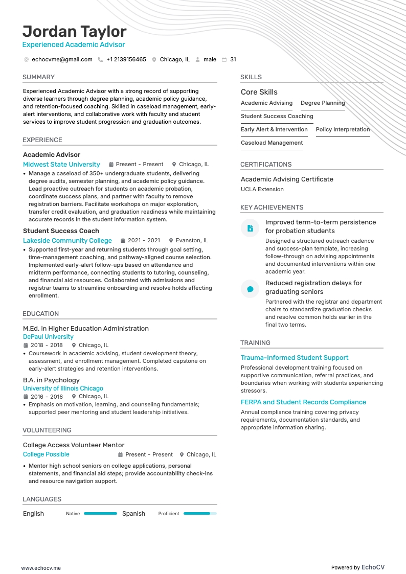 資深學業顧問 resume example