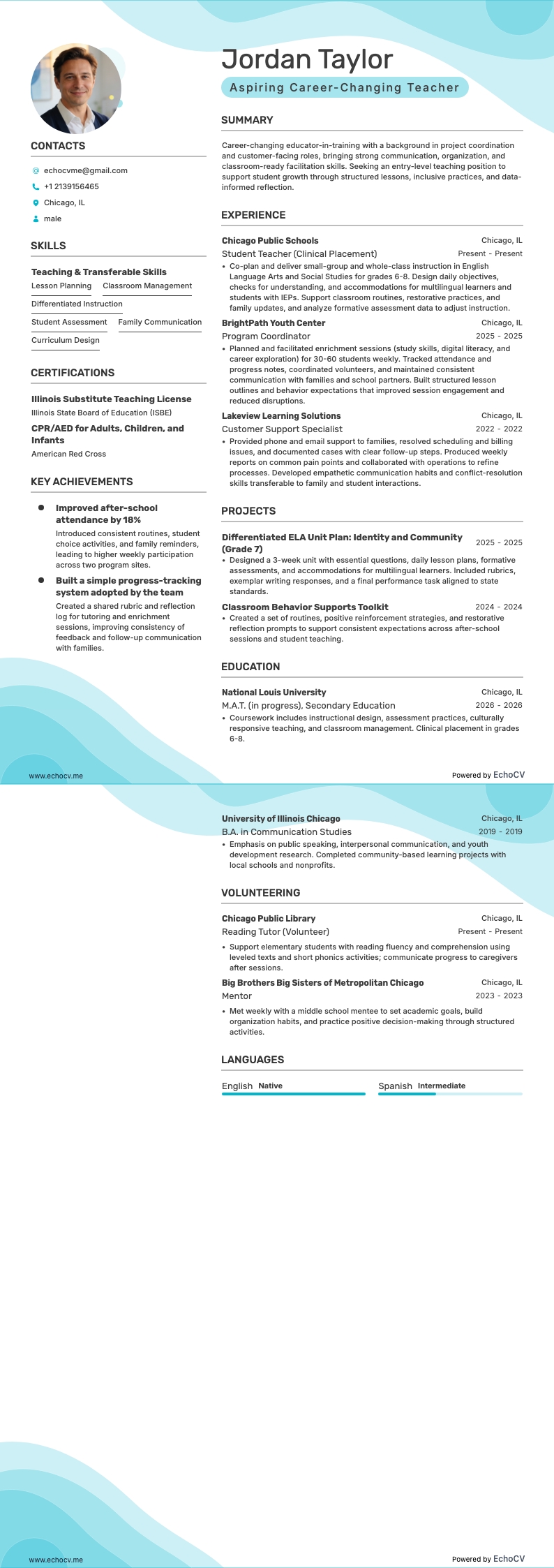 Giáo viên đang chuyển hướng nghề nghiệp resume example