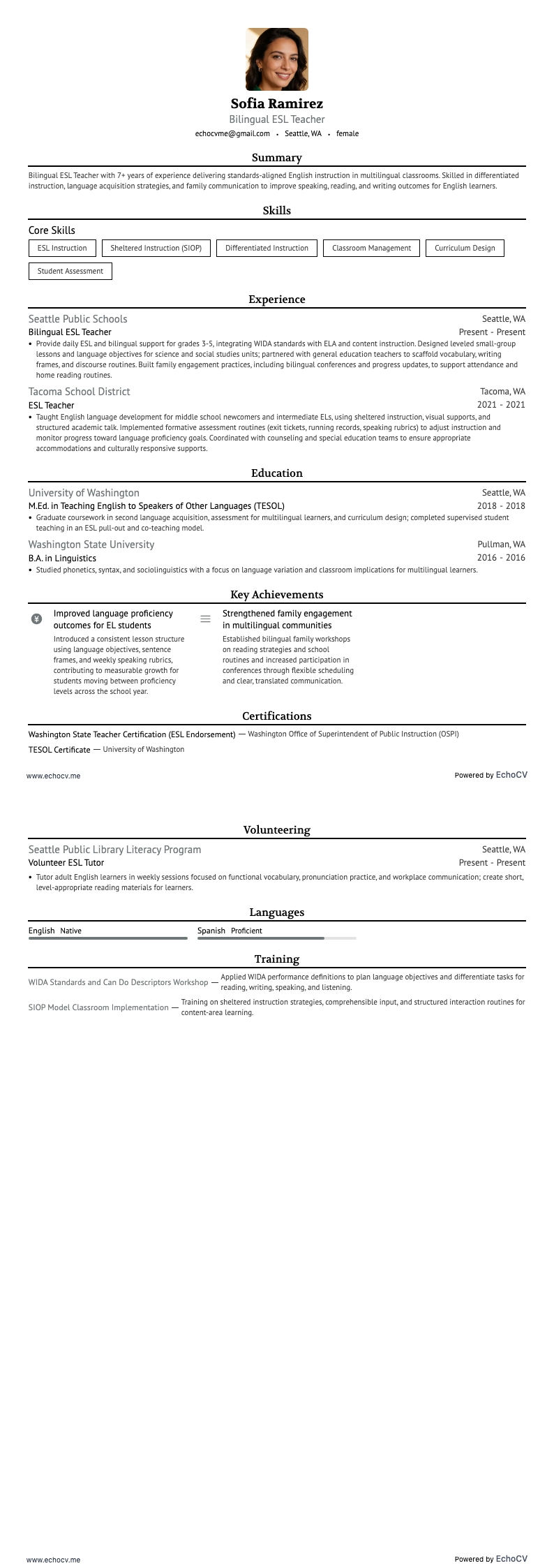バイリンガルESL教師 example resume
