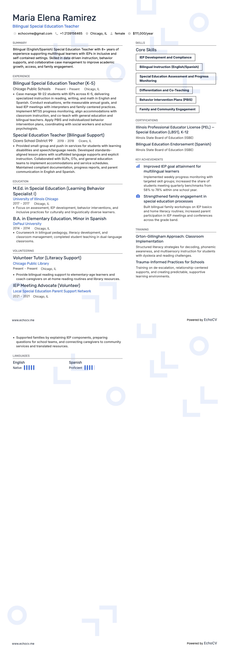 バイリンガル特別支援教育教師 example resume