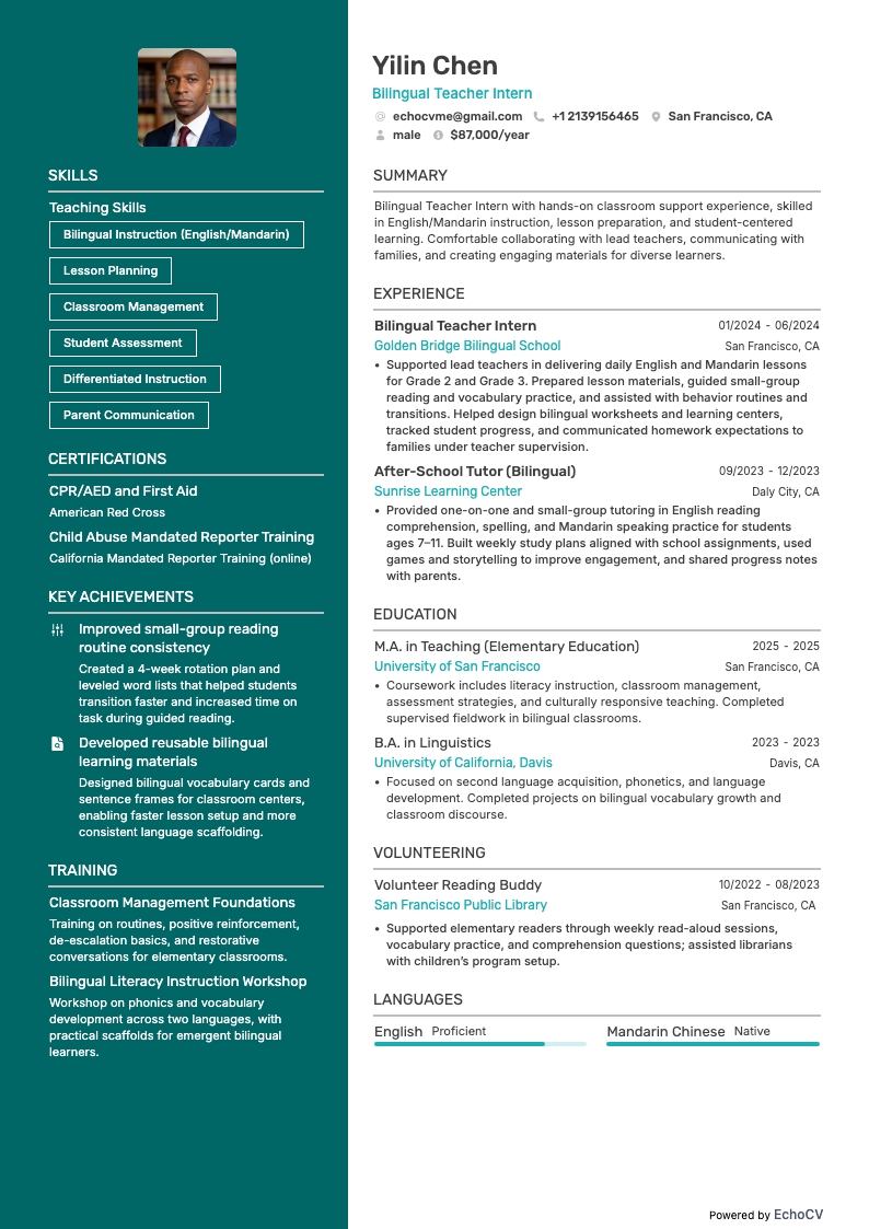 バイリンガル教師 resume example