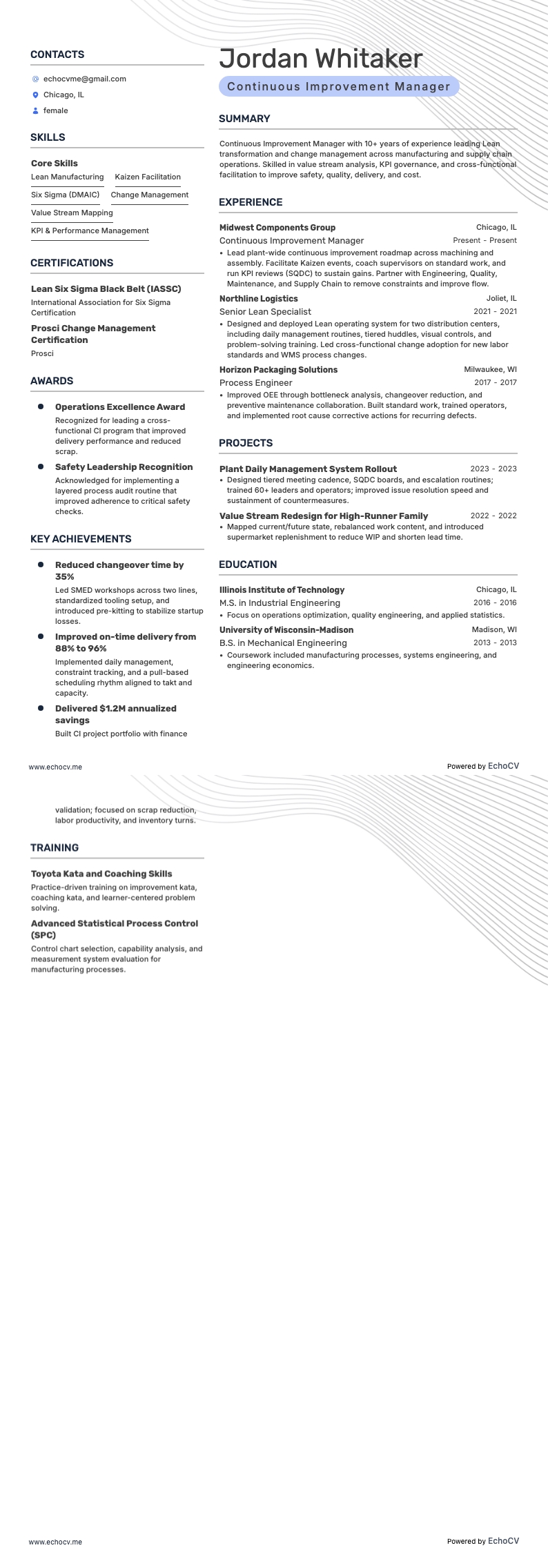 Continuous Improvement Manager example resume