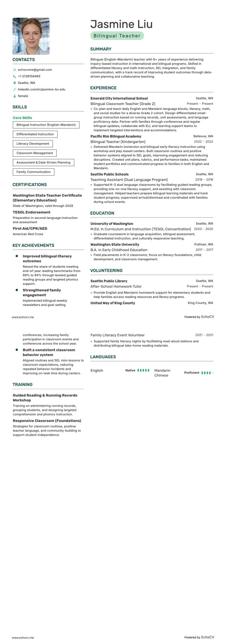 バイリンガル教師 example resume