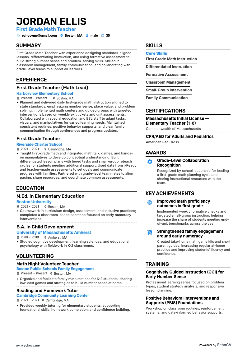 First Grade Math Teacher example resume