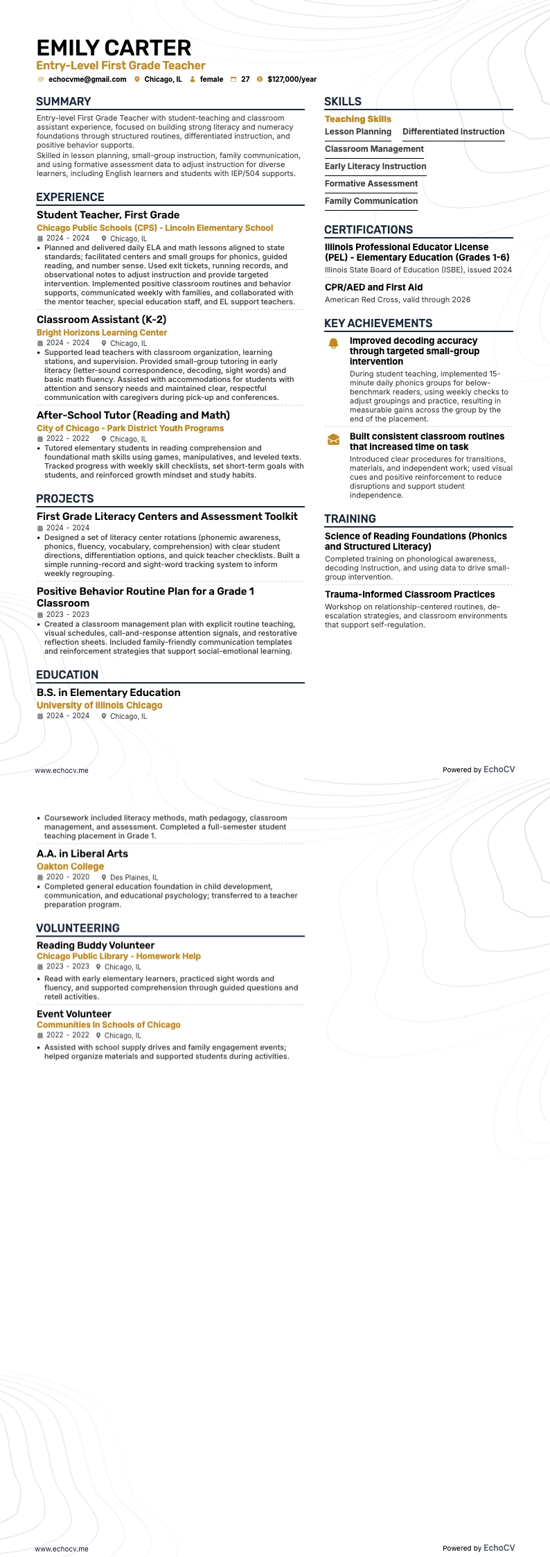 Entry-Level First Grade Teacher example resume