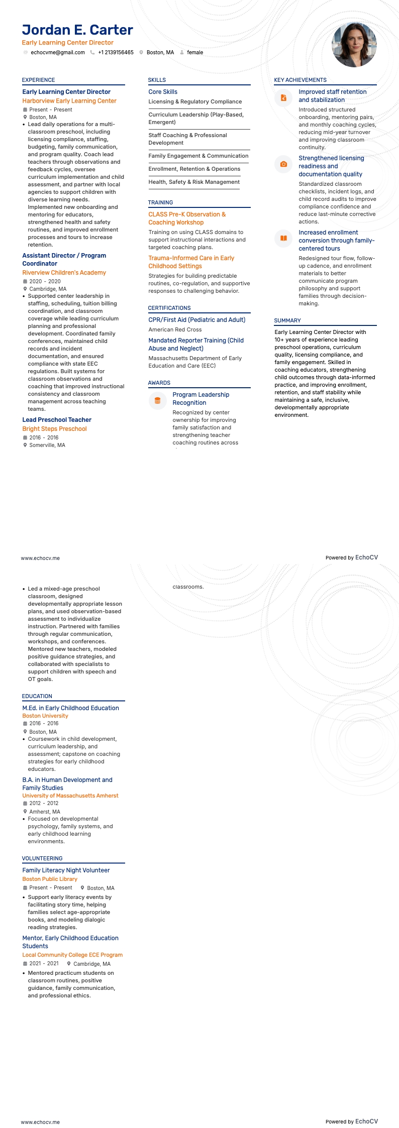 Early Learning Center Director example resume